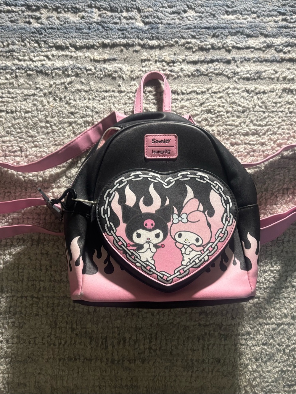 Loungefly Black and Pink My Melody & Kuromi Heart Mini Backpack